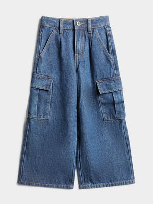 Younger Girls Denim Wide Leg Cargo Jeans