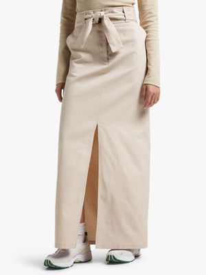 Women's VNTU Beige Striped Denim Maxi Skirt