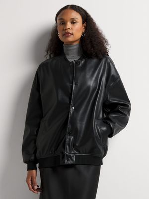 Longer Length Pleather Bomber Jacket