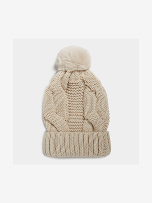 Women's Stone Cable Knit Pom Pom Beanie