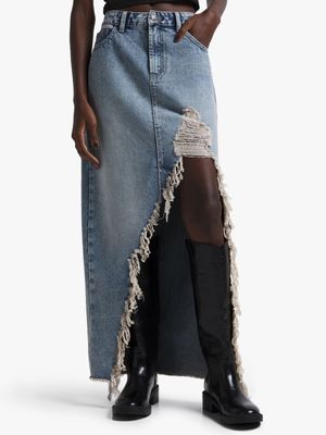 Women's  Light Wash Rip & Repair Denim Midi Skirt