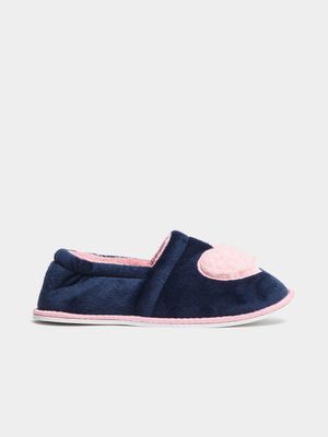 Younger Girl's Navy & Pink Heart Slippers