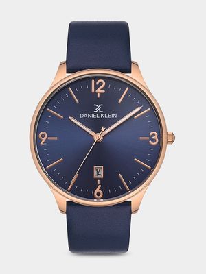 Daniel Klein Rose Plated Blue Dial Blue Leather Watch