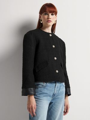 Collarless Boucle Pleather Trim Jacket