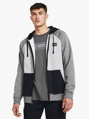 Mens Under Armour Rival Fleece Colourblock Grey/White/Black Full Zip Hoodie