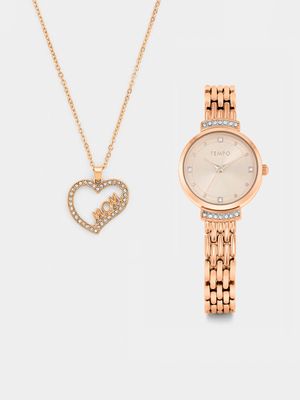 Tempo Ladies Rose Gold Pink Bellet Medium Stones Set