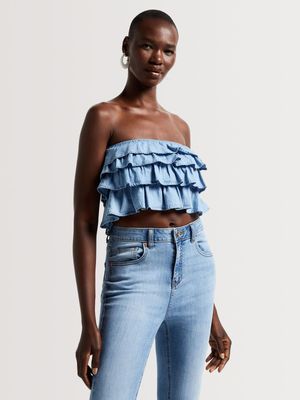 News Denim Ruffle Boobtube Top