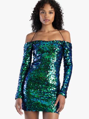 Sissy Boy Sequin Cold Shoulder Long Sleeve Mini Dress