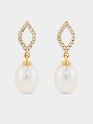 Gold Plated Sterling Silver Freshwater Pearl Open Marquise Drop Earrings