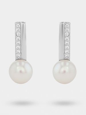 Sterling Silver Freshwater Pearl & Cubic Zirconia Bar Women's Earrings