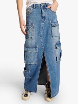 Women's One Teaspoon Blue 90s Cargo Pocket Denim Skirt