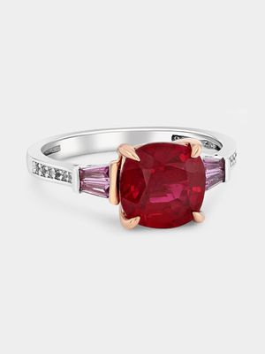 White & Rose Gold Lab Grown Ruby & Pink Sapphire Women’s Cushion Ring