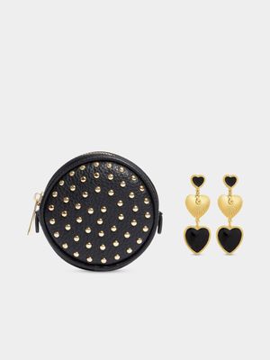 Studded Coin Purse & Heart Drop Earring Set