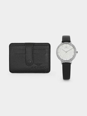 Ferro Women’s Silver Plated Black Leather Watch & Wallet Set