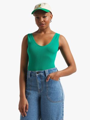 Women's Green Seamless Paneled Bodysuit