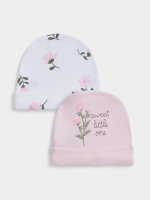 Jet Infant Girls Pink/White Floral 2 Pack Beanies