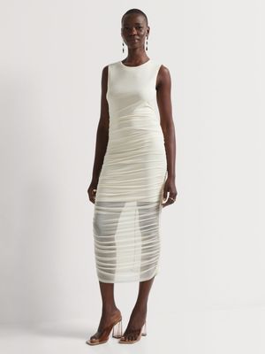 Y&G Ruched Mesh Midi Dress