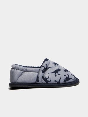 Younger Boy's Navy & Grey Dinosaur Slippers