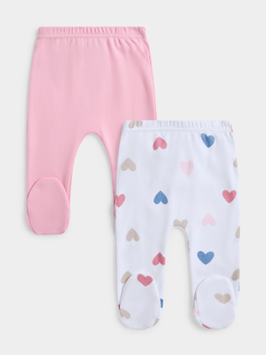 Jet Infant Girls Pink/White Hearts 2 Pack Leggings