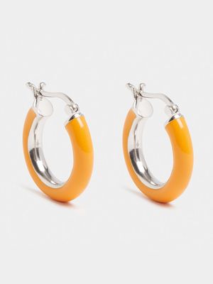 Rhodium Plated & Orange Enamel Brass Hoop Earrings.