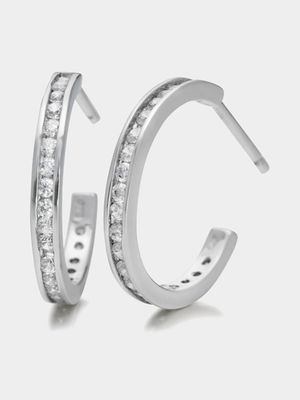 Sterling Silver Cubic Zirconia Women's Channel Hoop Earrings