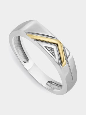 Yellow Gold & Sterling Silver Diamond Geometric Design Men's Ring