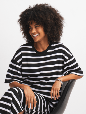 Women's Black & White Striped Relaxed Rib Top