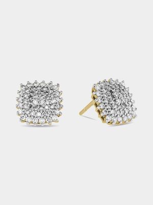 9ct Yellow Gold & Diamond Cushion Cluster Stud Earrings