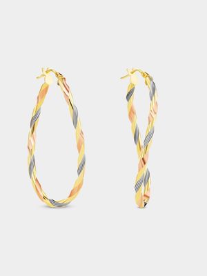 Yellow, Rose & White Gold Tricolour Twisted Oval Hoop Earrings