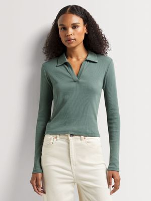 Y&G Rib Johnny Collar Long Sleeve Top