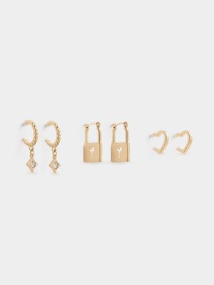 3 Pack Charm Lock Hoop Earrings