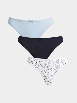 Women's White & Blue Print 3-Pack Cotton Thongs