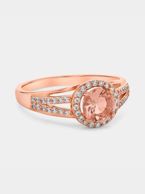 Rose Plated Sterling Silver Morganite Peach Cubic Zirconia Round Halo Ring