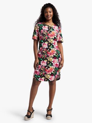 Women's Black Floral Print T-Shirt Dress