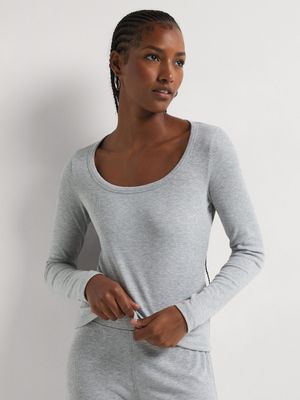 Rib Knit Squareneck Long Sleeve Top