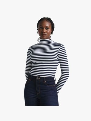 Women's Navy & White Striped Turtleneck Top