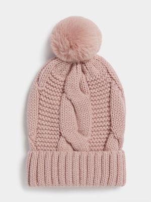 Women's Pink Cable Knit Pom Pom Beanie