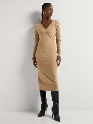 Bodycon V-neck Long Sleeve Midi Dress