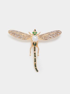 Green Diamante Dragonfly Pin Brooch with Faux Pearl Detail