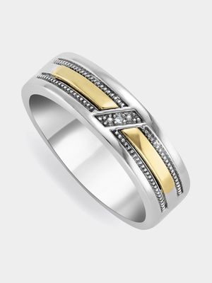 5ct Yellow Gold & Sterling Silver Diamond Diagonal Design Men’s Wedding Band