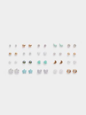 Girl's Silver, Blue & Gold 20-Pack Stud Earrings