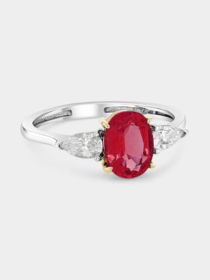 White & Yellow Gold Lab Grown Ruby & Moissanite Women’s Oval Trilogy Ring