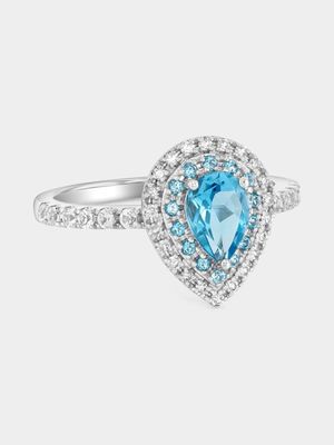 White Gold Diamond & Swiss Blue Topaz Pear Double Halo Ring