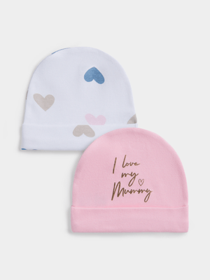 Jet Infant Girls Pink/White Hearts 2 Pack Beanies