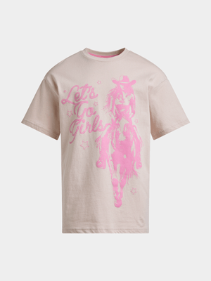 Jet Teen Girls Stone/Pink Cow Girl Oversized T-Shirt