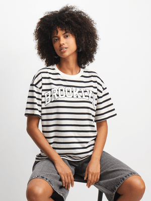 Women's Black & White Striped Slogan Print T-Shirt