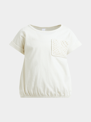 Yougner Girl's White Crochet Pocket Top