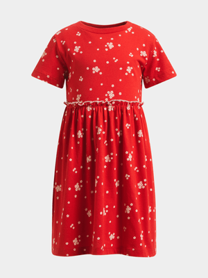 Younger Girl's Red Flower Skater Dress