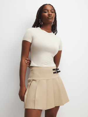 Women's Stone Pleated Mini Skirt With Double Buckle Detail