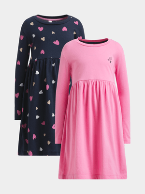 Younger Girl's Navy & Pink Heart 2-Pack Dresses